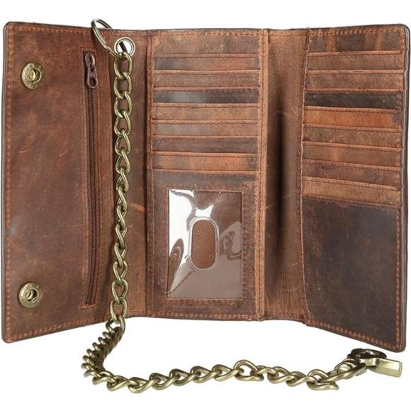 Crazy Horse Leather RFID Long Trifold Chain Wallet For Men - Picture 4 of 6